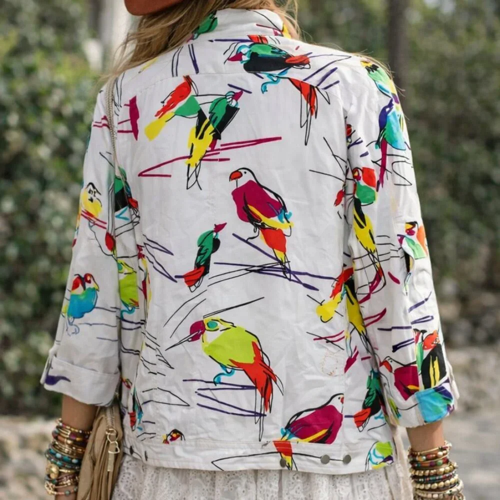 Berek White Multi Abstract Tropical Bird Cotton Jacket Size Large